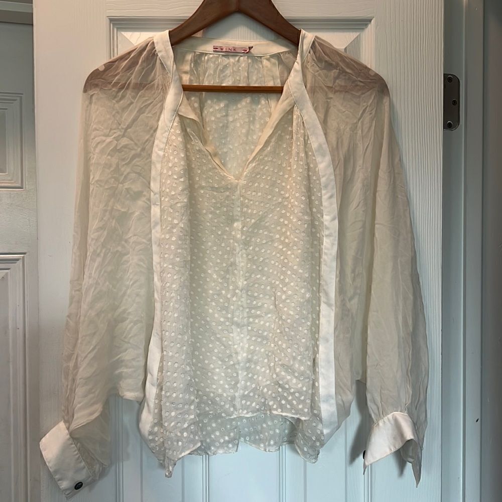 Creme Sheer Blouse - Polka Dot Sleeve Pattern - Size Medium Long Sleeve Shirt
